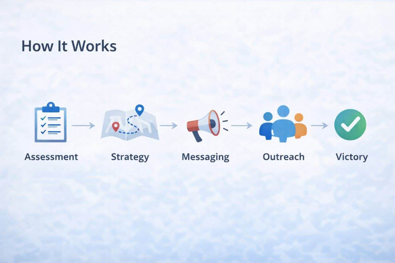 OneCampaign.ai five-stage process: Assessment, Strategy, Messaging, Outreach, and Victory