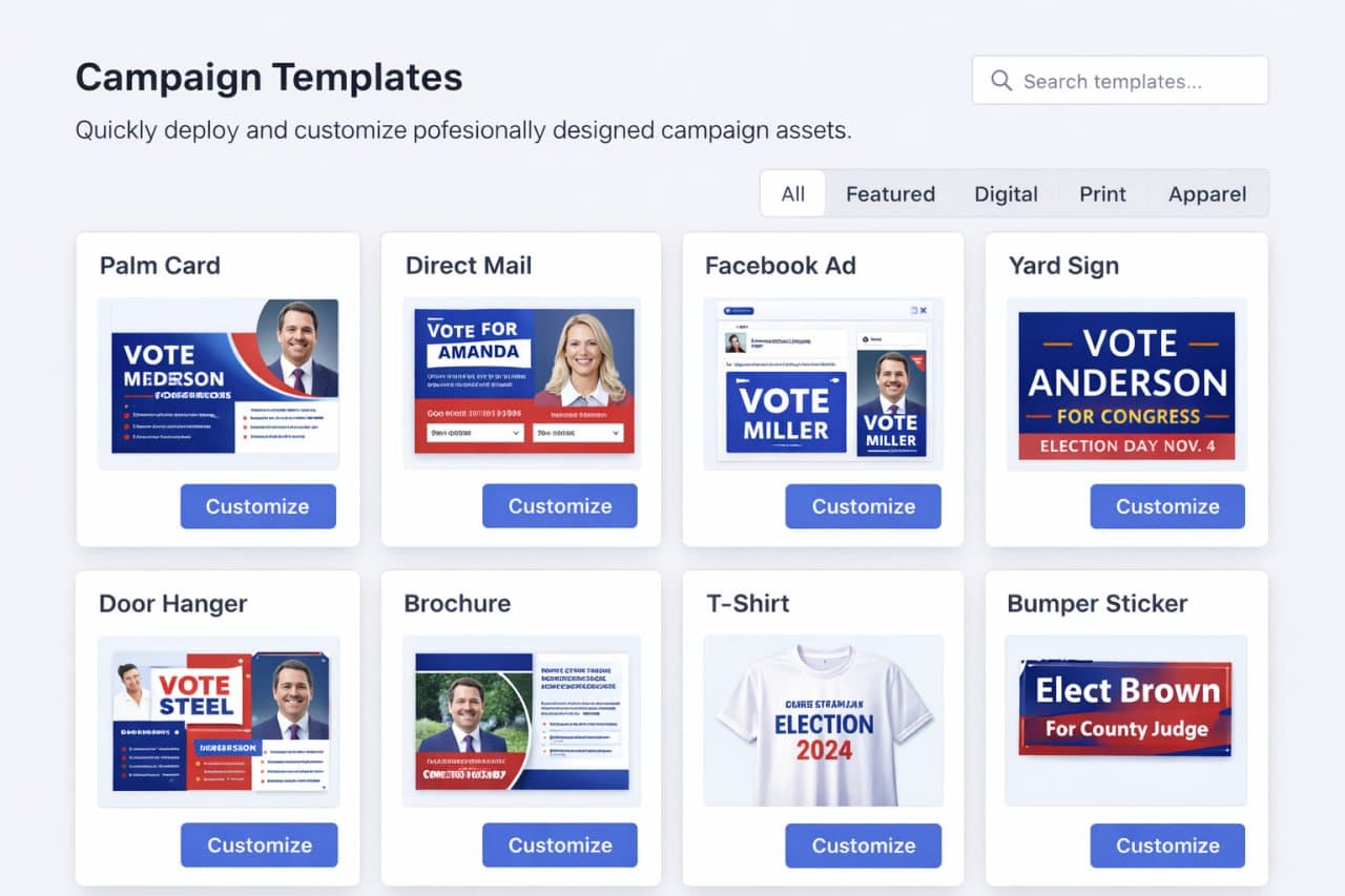 Grid of campaign document templates organized by category including strategy, fundraising, and voter contact