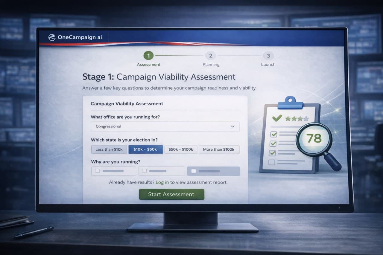 OneCampaign.ai readiness assessment interface showing candidate viability scores and competitive analysis
