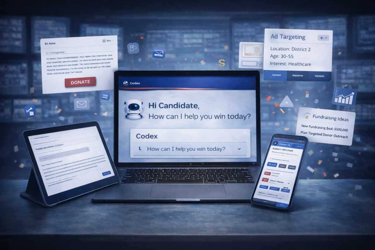 AI Campaign Advisor chatbot interface showing real-time strategy guidance for political campaigns
