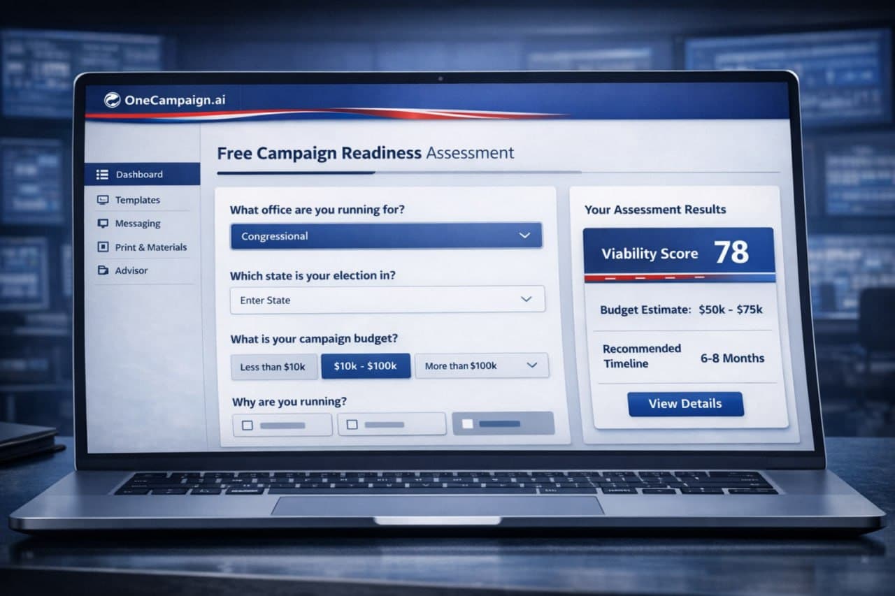 AI-powered campaign platform interface with messaging tools, template library, and real-time analytics