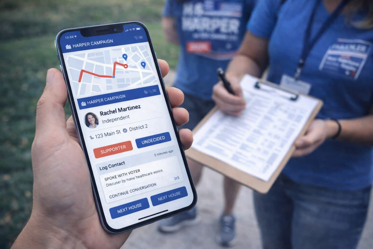 Mobile canvassing app held in hand showing real-time voter contact and field operations interface
