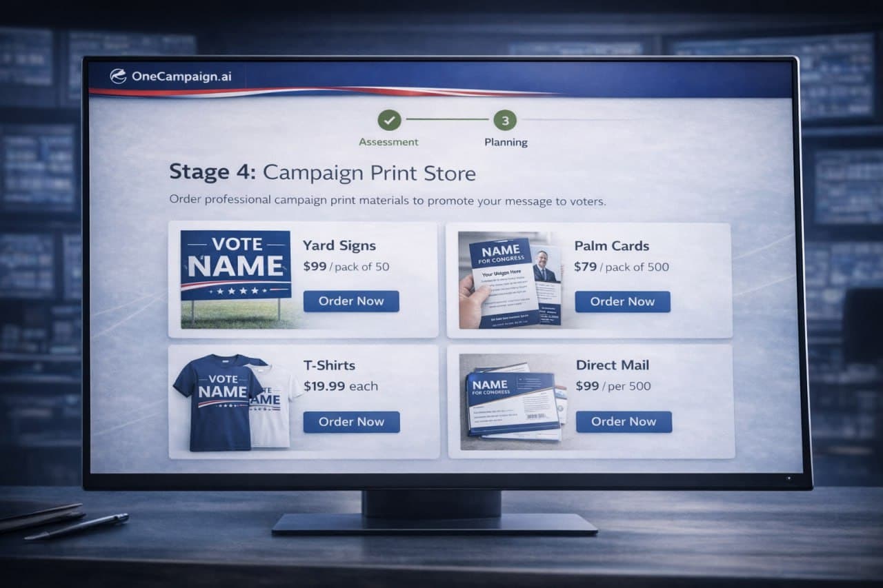 Full spread of campaign print materials including yard signs, palm cards, mailers, t-shirts, and banners